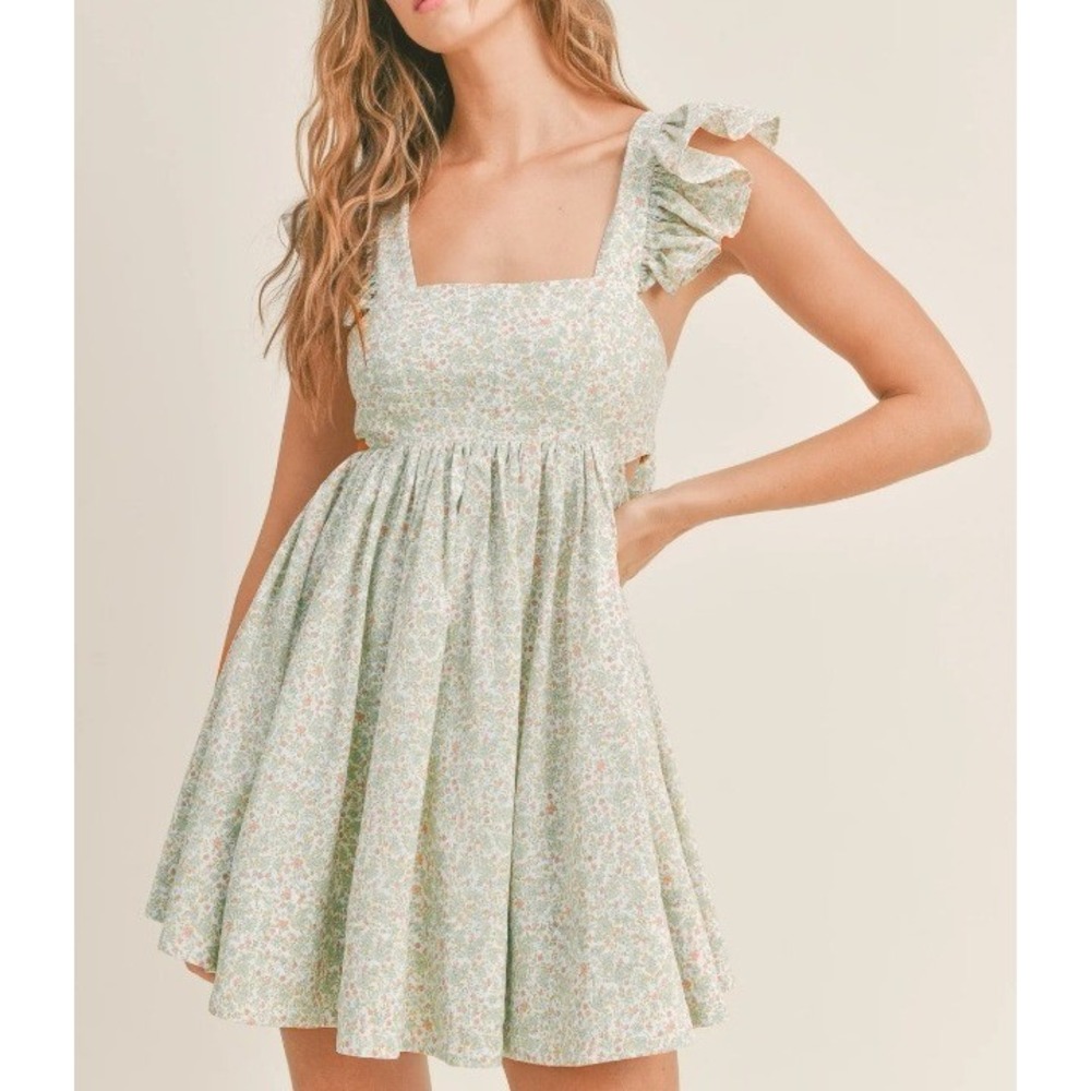Mable Green Ditsy Floral Ruffle Open Back Milkmaid Mini Dress Womens Large
